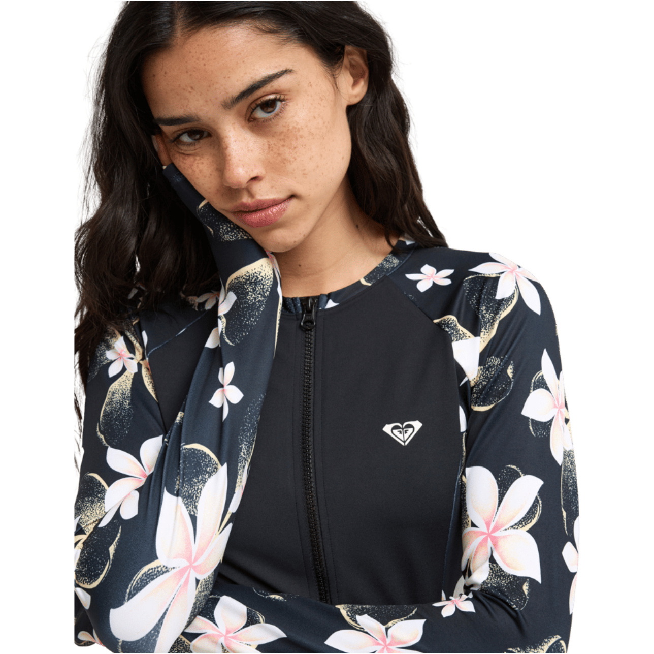 2026 Roxy Womens Lycra Long Sleeve Zipped Rash Vest ERJWR03898 - Anthracite Hibiscus Real S